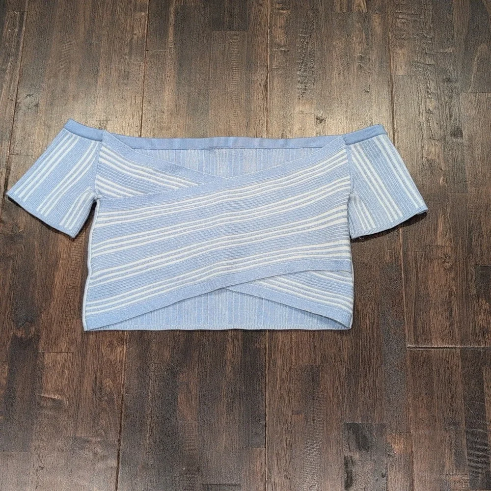 Aerie Off Shoulder Striped Cropped Sweater Top Women's XL Blue White Stretch - Picture 1 of 5